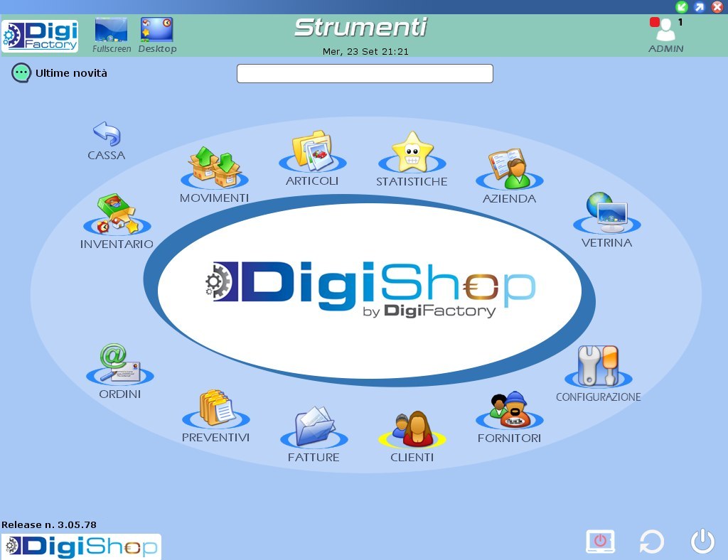 Schermata Strumenti di DigiShop con i moduli cassa, articoli, magazzino, statistiche e fatture