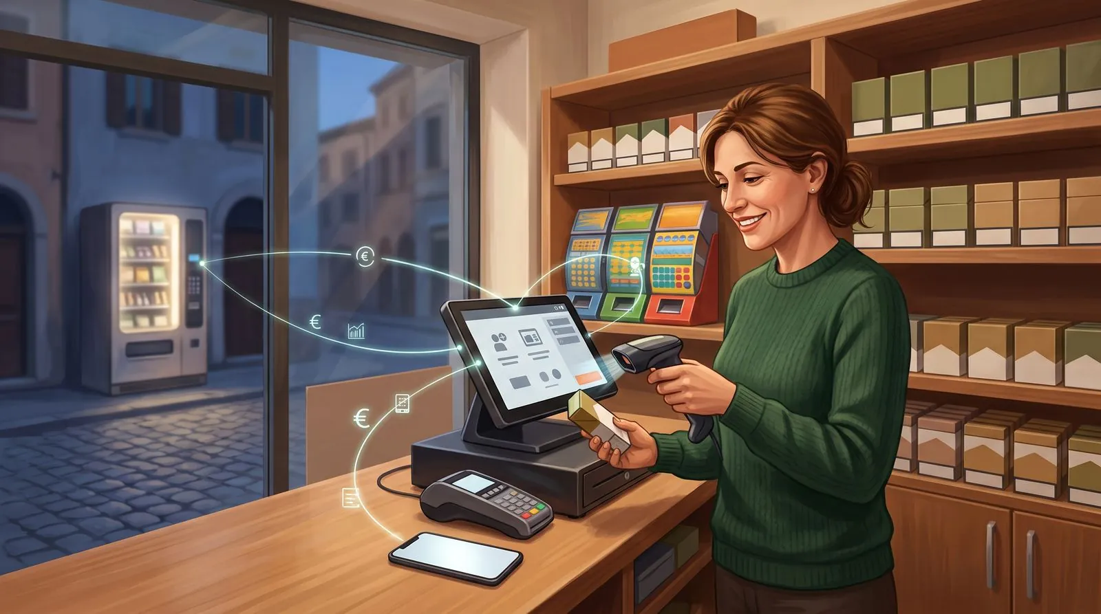 Tabaccheria moderna collegata a ShoppiX2: cassa, POS, smartphone e statistiche